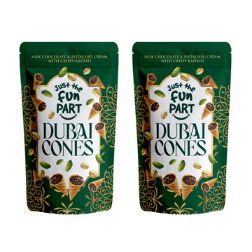 Just The Fun Part | Bite-Size Crispy Mini Waffle Dubai Cones | Filled With enhanced Belgian Milk Chocolate & Pistachio Cream with Crispy Kadaifi| 4.23 Ounce (Pack of 2  Dubai Cones)