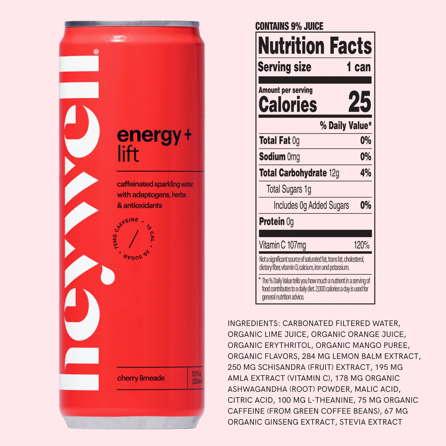 Heywell Sparkling Adaptogenic Water, Cherry Limeade, Caffeinated, Organic, Non-GMO, Vegan, Gluten-Free, 12 Fl Oz (Pack of 12)