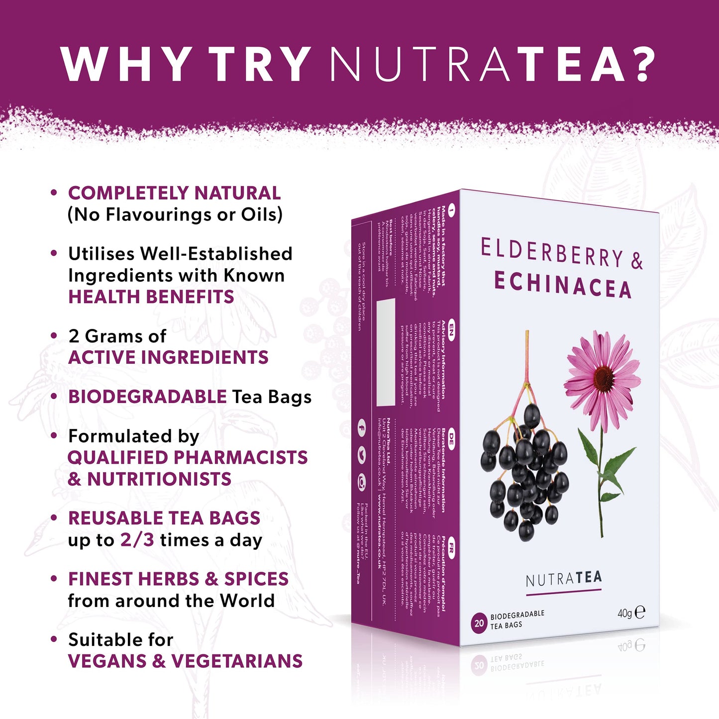 Nutra Tea - Elderberry & Echinacea Tea | Elderberry Tea - Immunity Tea | Immune Tea - 40 Tea Bags - Herbal Tea - (2 Pack)