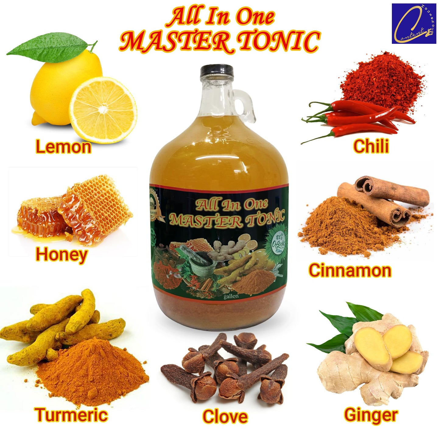 Content Household Apple Cider Vinegar Master Tonic Shots - 128 Fl Oz - Contains Cinnamon, Cloves, Lemon, Ginger, Turmeric, Cayenne Pepper, Honey