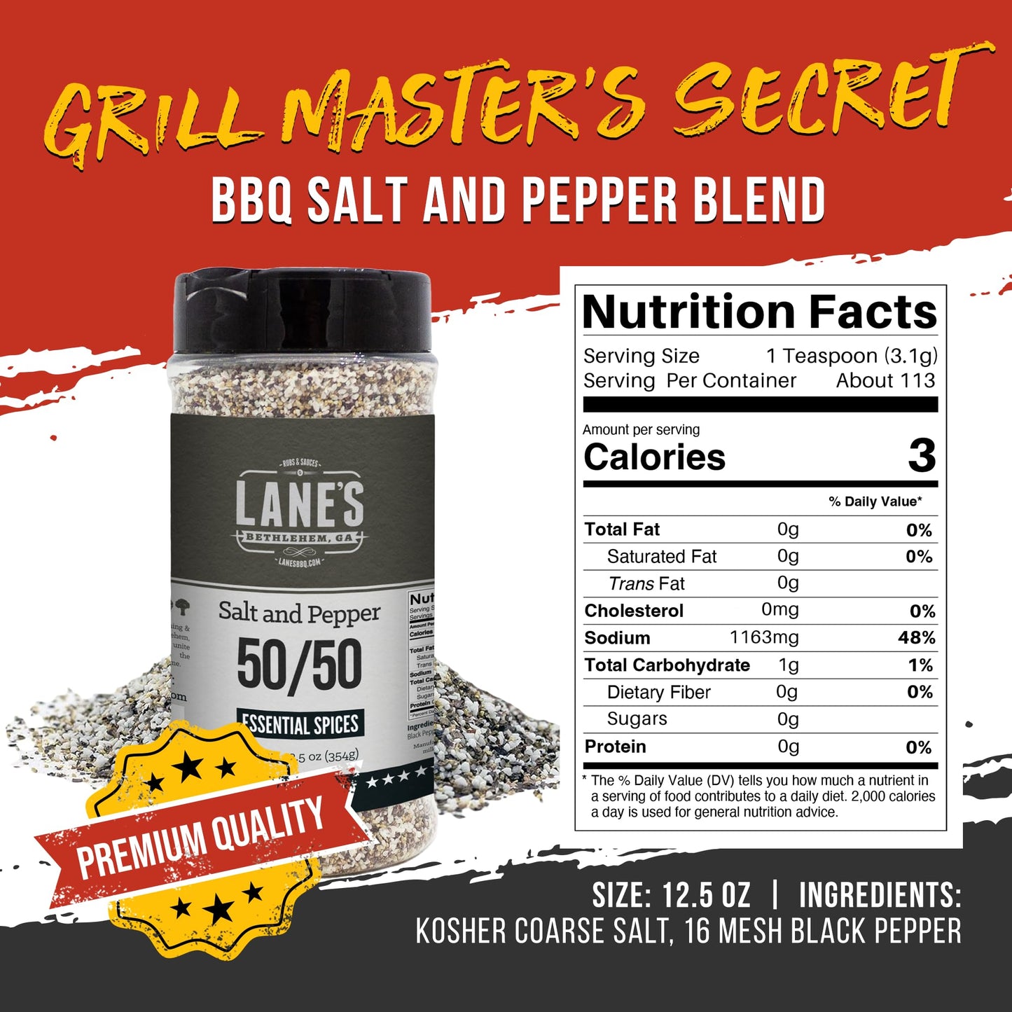 Lane'S 50/50 Salt And Pepper Seasoning, All-Natural Salt & Pepper Spice, 16 Mesh Coarse Black Pepper Seasoning Salt, Gluten-Free