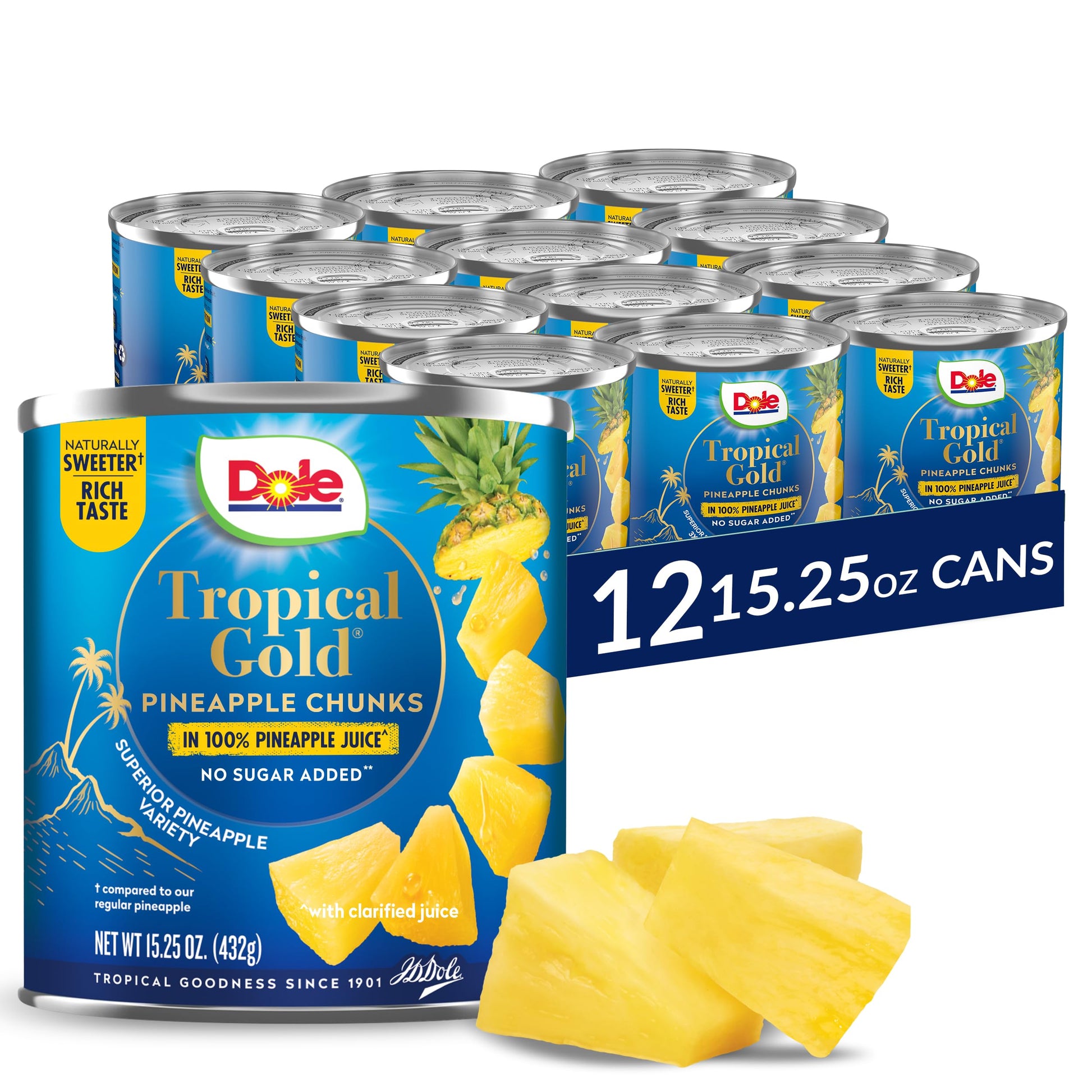 Dole Canned Fruit, Tropical Gold Pineapple Chunks In 100% Pineapple Juice, Gluten Free, Pantry Staples, No Sugar Added, 15.25 Oz, 12 Count
