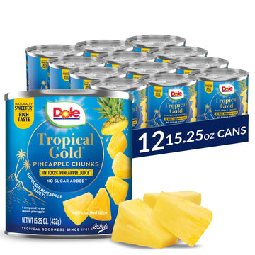 Dole Tropical Gold Pineapple Chunks in 100% Juice, Gluten Free, 15.25 Oz, 12 Count