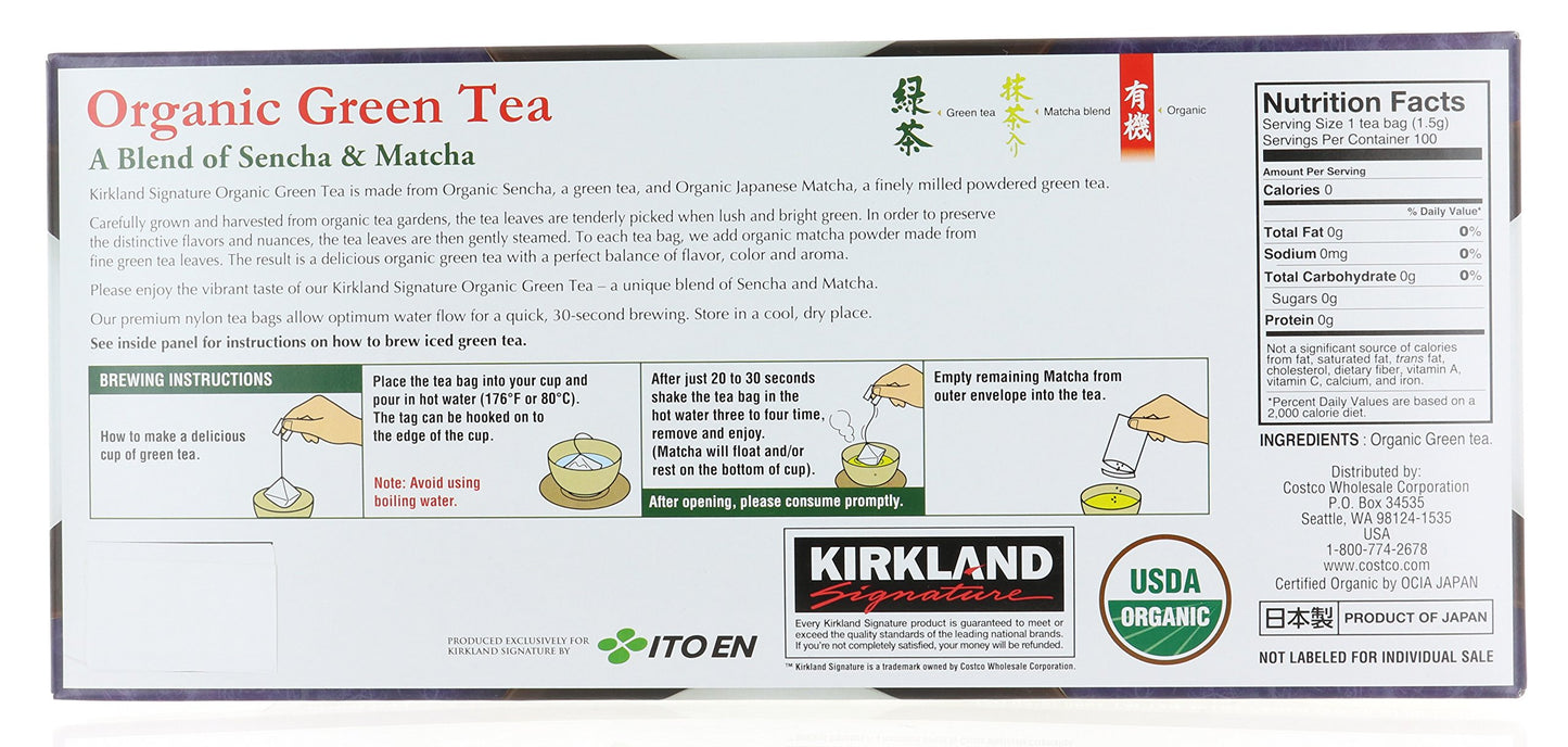 Kirkland Signature Organic Green Tea, 1.5 G, 100-Count