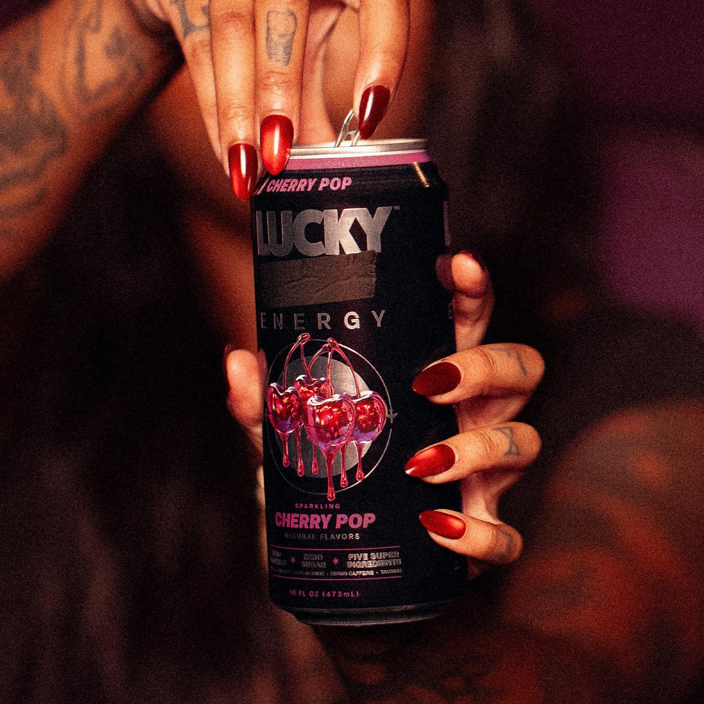Lucky Energy Sugar Free Energy Drinks  Cherry Pop  16oz Cans (12-Pack) Healthy  Zero Sugar Energy Drink with Maca  Ginseng  Beta-Alanine  Taurine & 200mg Caffeine