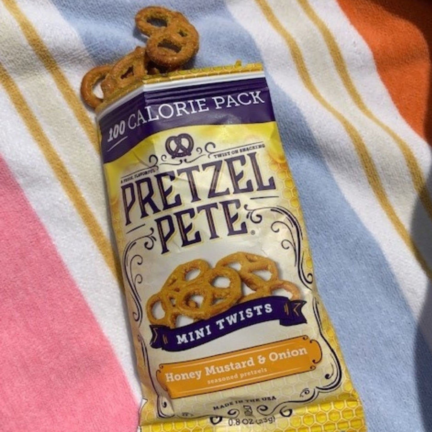 Pretzel Pete Honey Mustard & Onion Seasoned Mini Twist Pretzels, 100 Calories, Non-GMO Ingredients, Small Batch, Bold Flavor, 0.