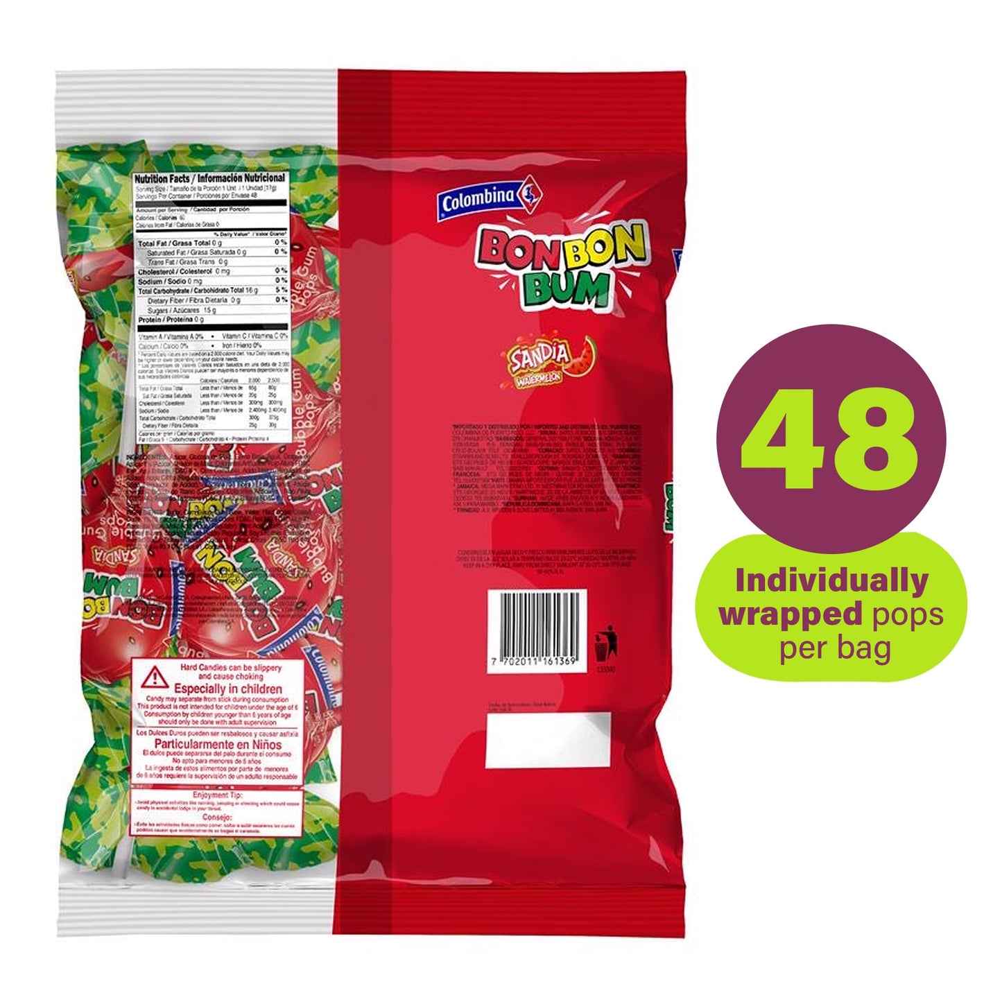 Colombina Bon Bon Bum Lollipops Watermelon Flavor, 48 Count (Pack of 1)