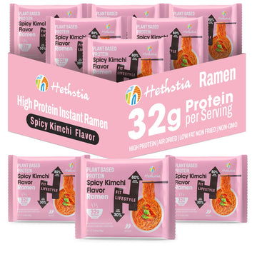 Hethstia Protein Ramen Spicy Kimchi Flavor  6-Pack Instant Kimchi Noodle Soup  32G Plant-Based Protein  Vegan  Low Fat  Non-Gmo  Healthy High Protein Ramen Meal
