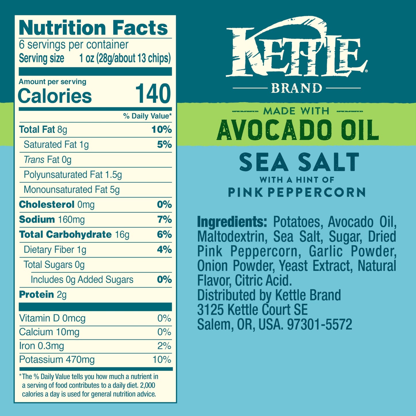 Kettle Brand Sea Salt Pink Peppercorn Chips, 6 Oz Bag - Made with Avocado Oil, Perfect Snack