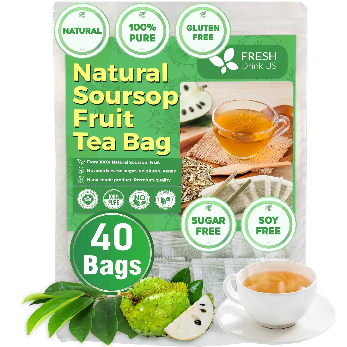 FRESHDRINKUS Soursop Graviola Fruit Tea Bags, 100% Natural, 40 Count, Sugar-Free, Caffeine-Free, Gluten-Free