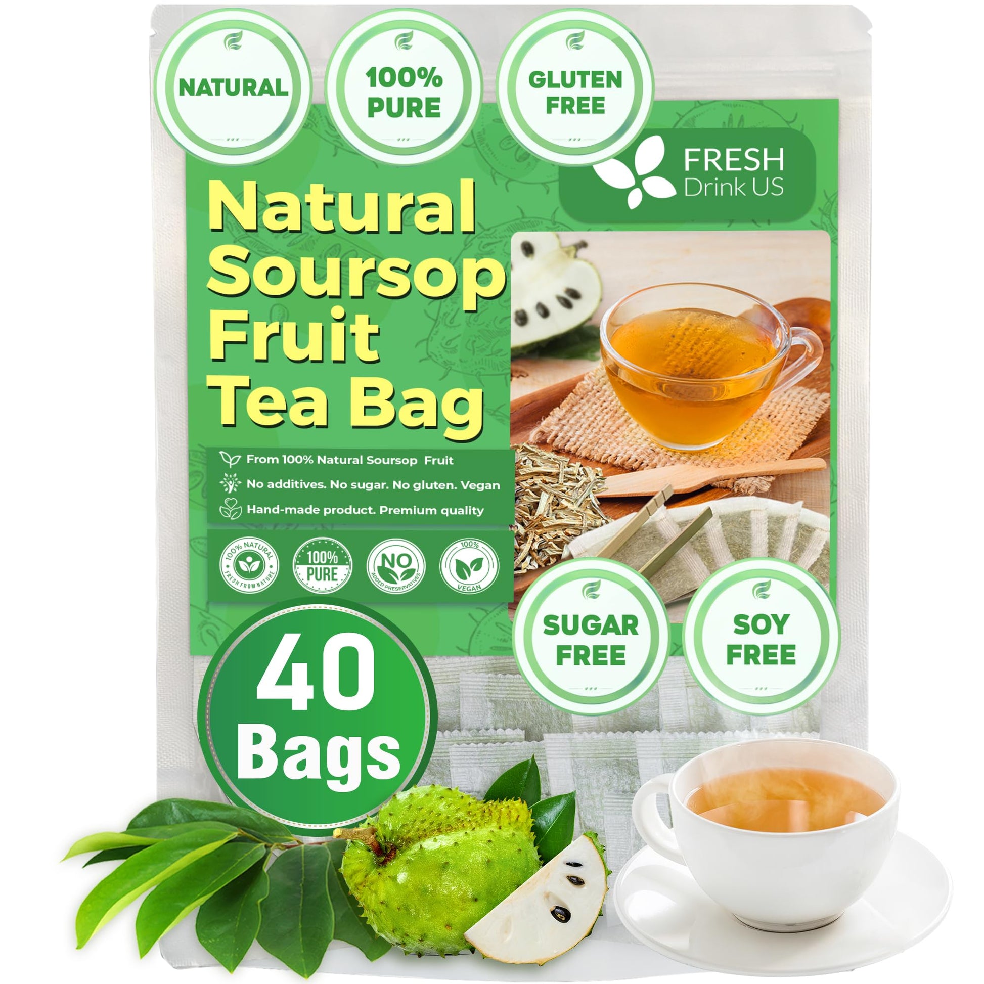 FRESHDRINKUS Soursop Graviola Fruit Tea Bags, 100% Natural, 40 Count, Sugar-Free, Caffeine-Free, Gluten-Free