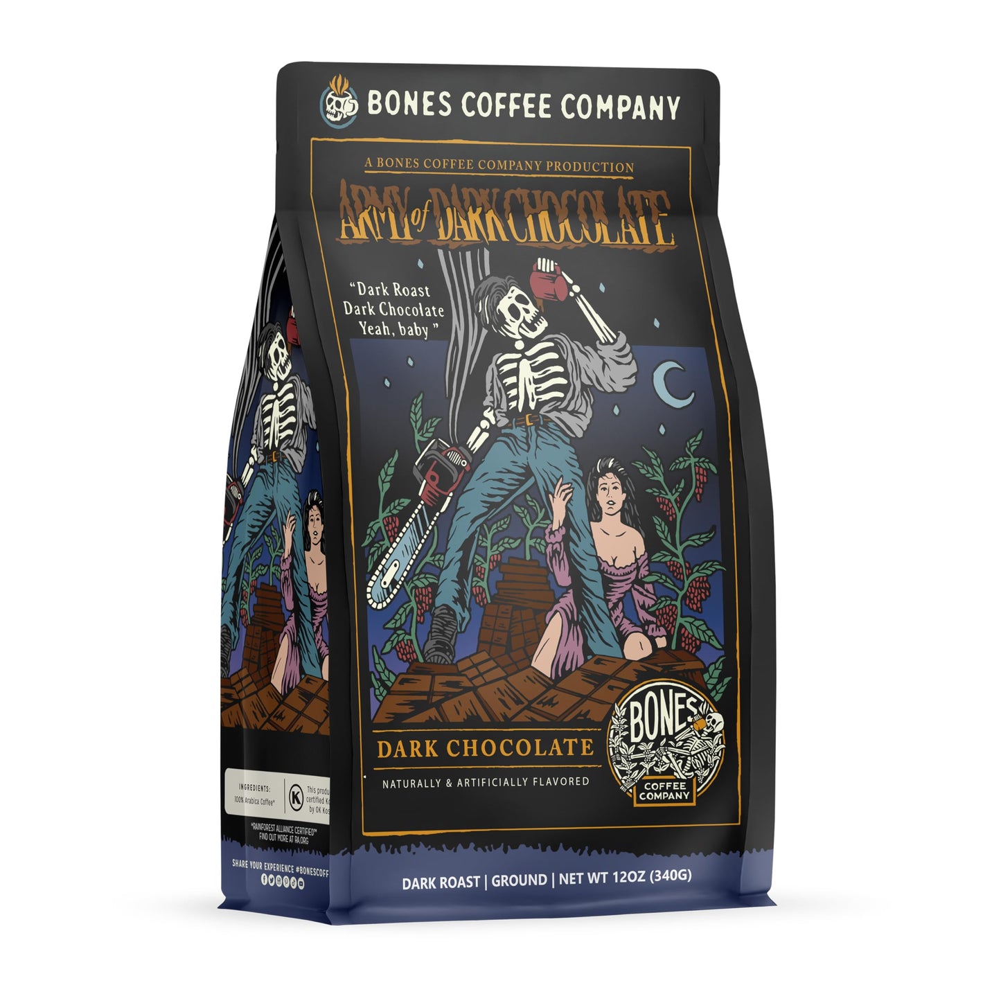 Bones Coffee Company Army Of Dark Chocolate Ground Coffee Beans, Dark Chocolate Flavor Low Acid Flavored Coffee, Made With Arabi