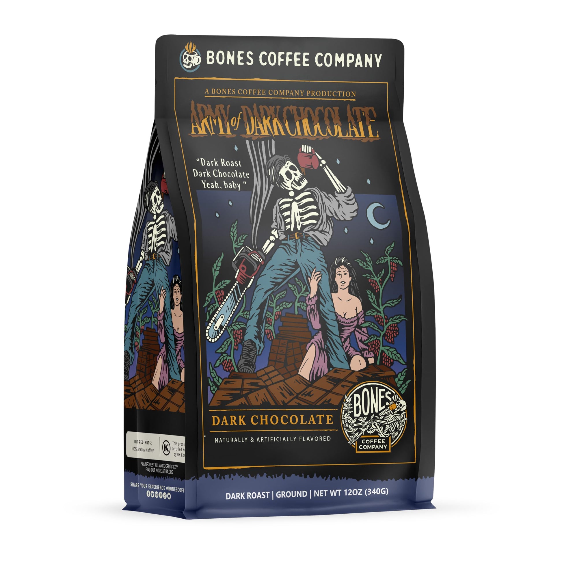 Bones Coffee Company Army Of Dark Chocolate Ground Coffee Beans, Dark Chocolate Flavor Low Acid Flavored Coffee, Made With Arabi