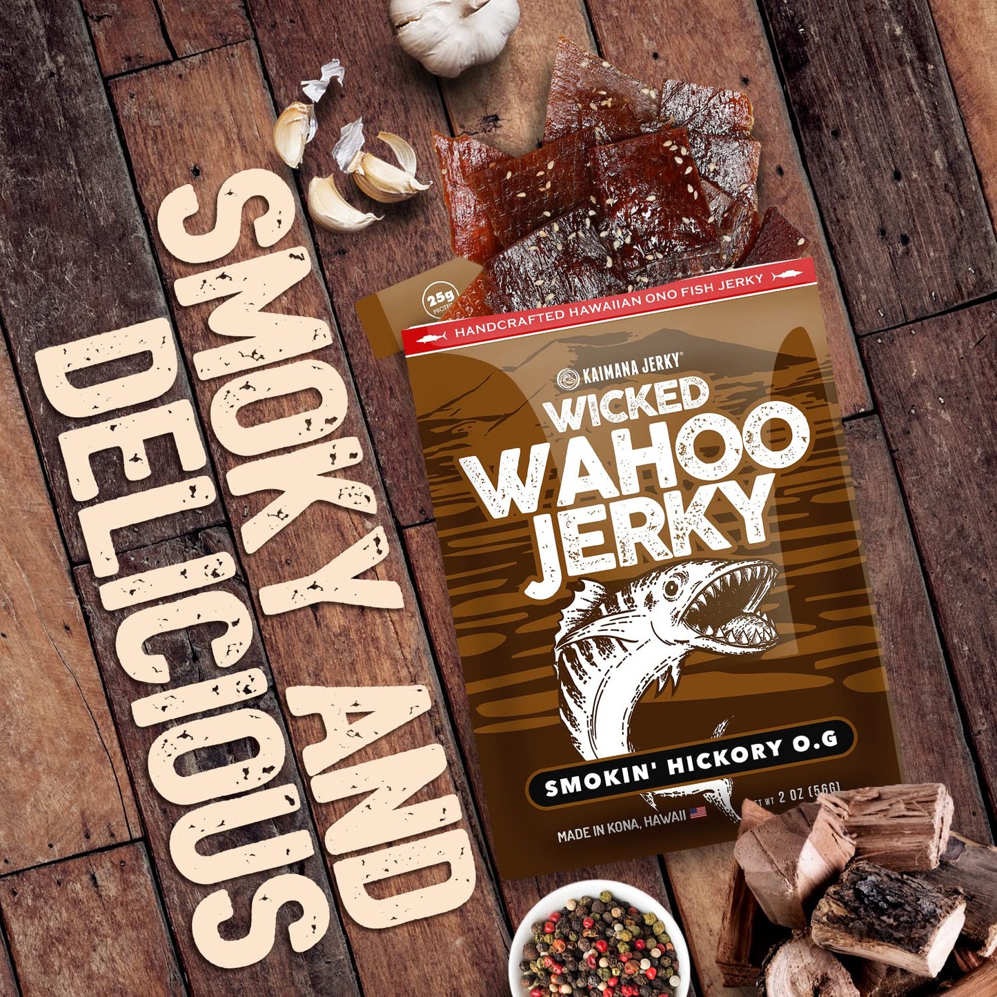 Smokin Hickory O.G Wahoo Ono Fish Jerky - Organic, Gourmet Smoked Fish Strips, Rich In Omega-3 & Protein, Low-Calorie, Low Sodium & Sugar - Smoky Umami Flavor - 2Oz Bag