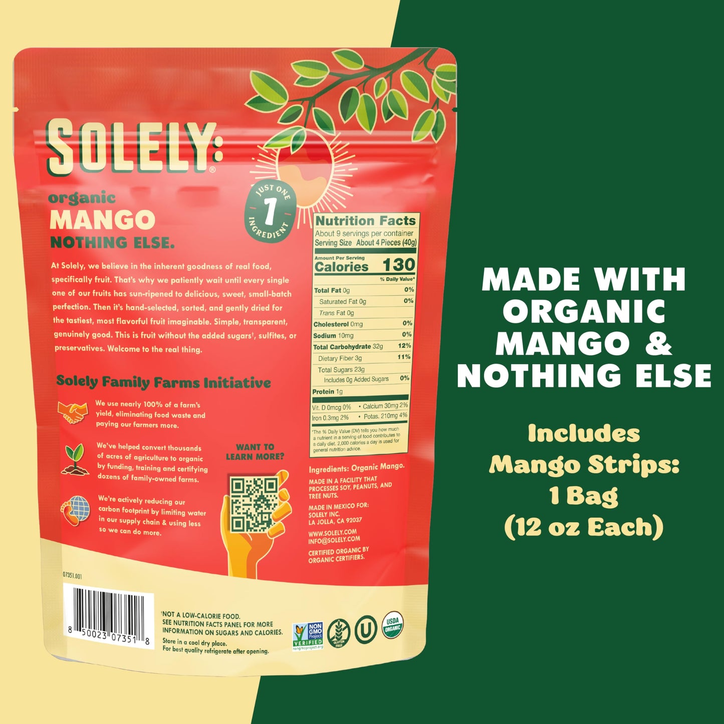 Solely - Organic Dried Mango Strips (12 Oz Resealable Bag) - Real Fresh Fruit - 1 Ingredient, No Added Anything - Healthy Snacks For Mature-Themeds & Kids - Non Gmo, Vegan Snacks, Shelf Stable - 1 Bag (12 Oz)