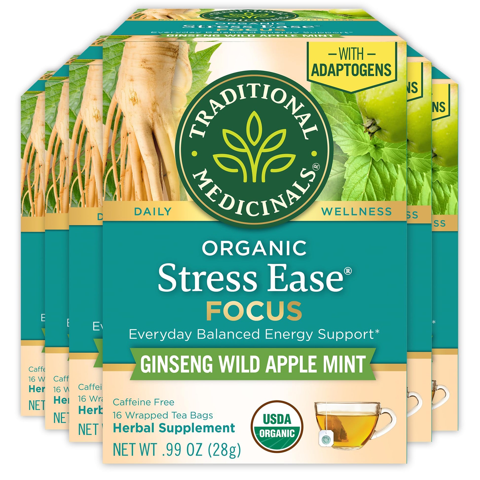 Traditional Medicinals Tea, Organic Stress Ease Focus, with Adaptogens, Everyday Balanced Energy, Ginseng Wild Apple Mint, 96 Te