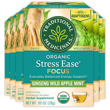 Traditional Medicinals Tea, Organic Stress Ease Focus, with Adaptogens, Everyday Balanced Energy, Ginseng Wild Apple Mint, 96 Te