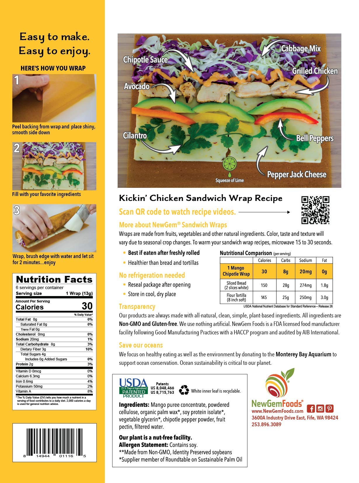 Newgem Mango Chipotle Sandwhich Wraps, Gluten Free, Paleo, Keto Friendly, Low Calorie Sushi Wrap Alternative, Low Carb Tortilla