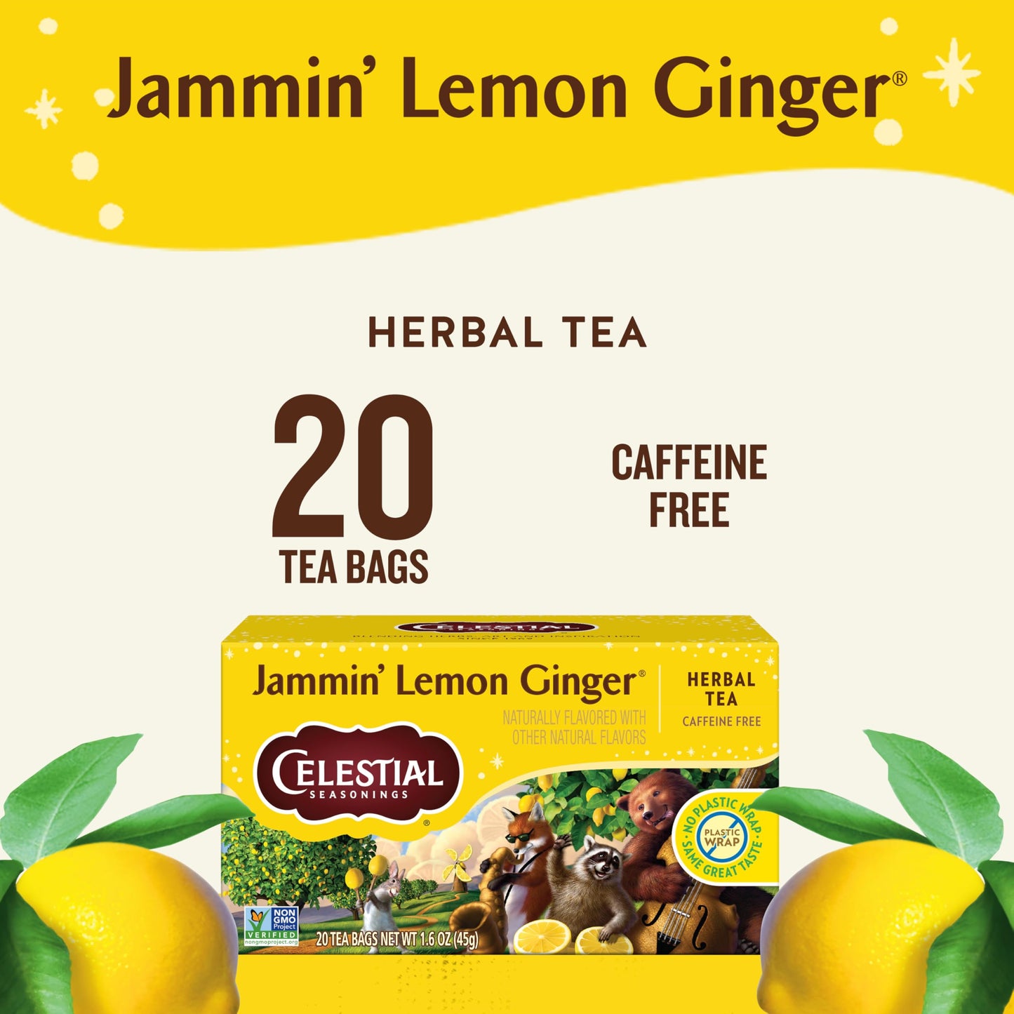 Celestial Seasonings Jammin Lemon Ginger Herbal Tea, Caffeine Free, 20 Count (Pack of 6)