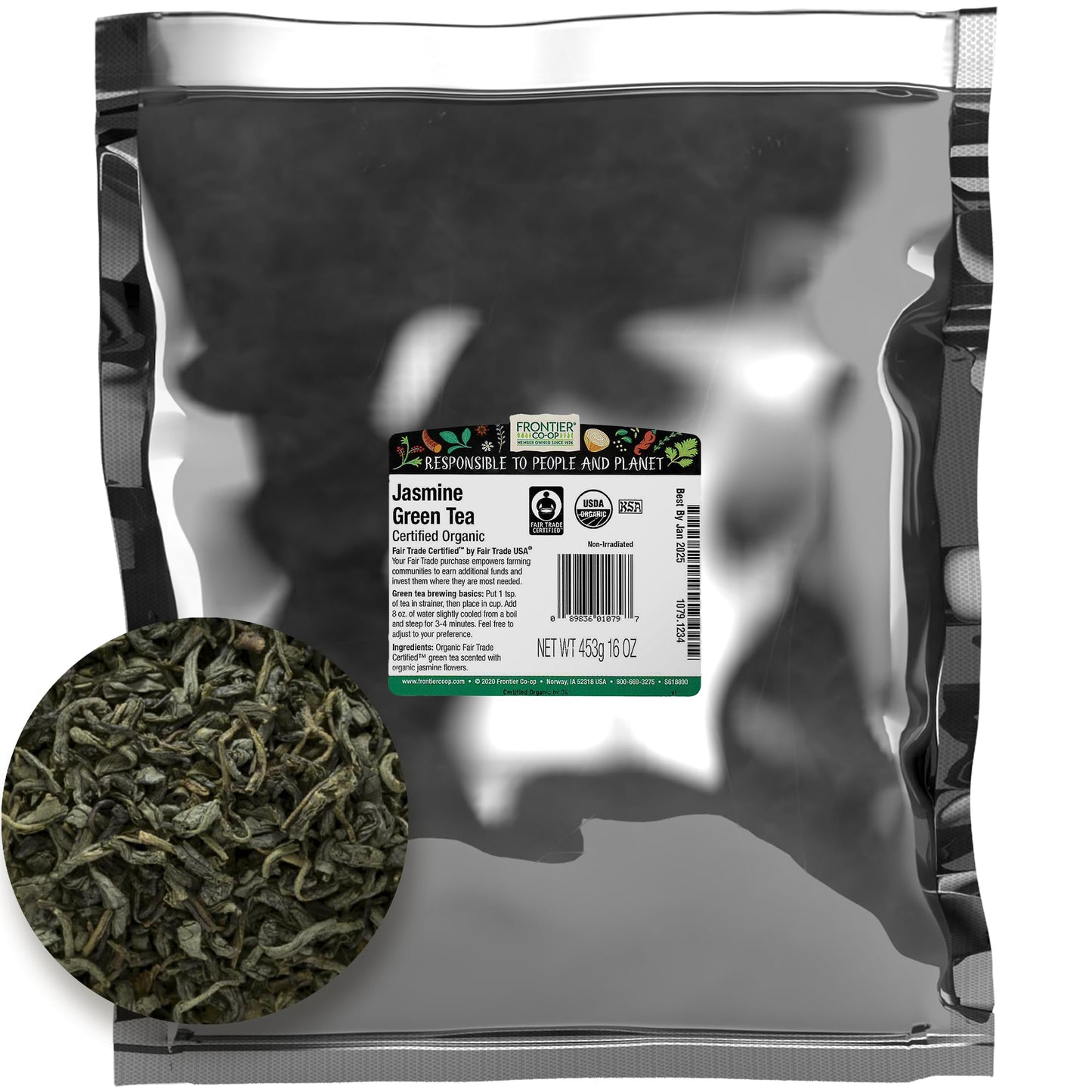 Frontier Co-op Organic Fair Trade Jasmine Green Tea, 1-Pound Bulk, Delicate Loose Leaf Green Tea, Floral, Dry & Medium Bodied