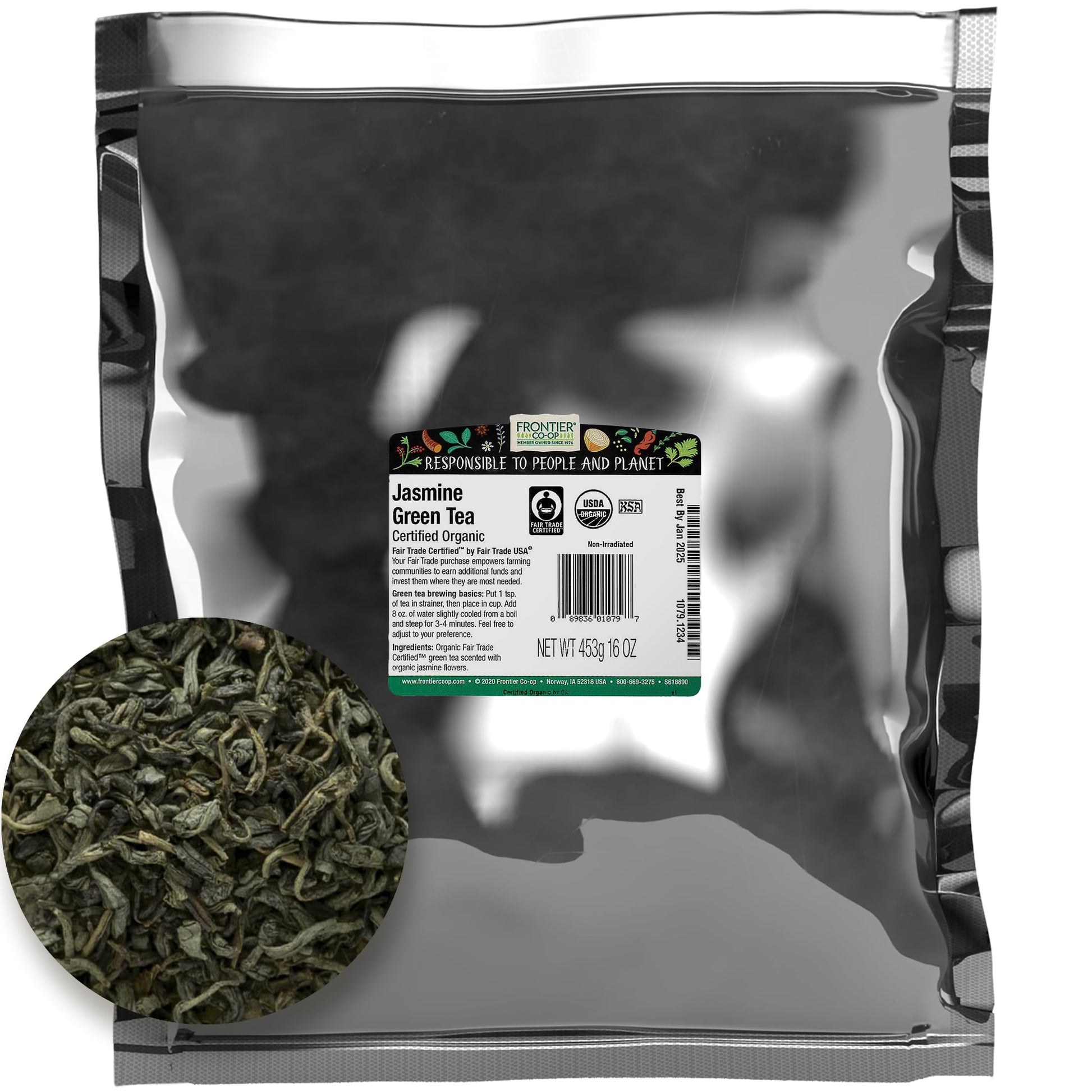 Frontier Co-op Organic Fair Trade Jasmine Green Tea, 1-Pound Bulk, Delicate Loose Leaf Green Tea, Floral, Dry & Medium Bodied