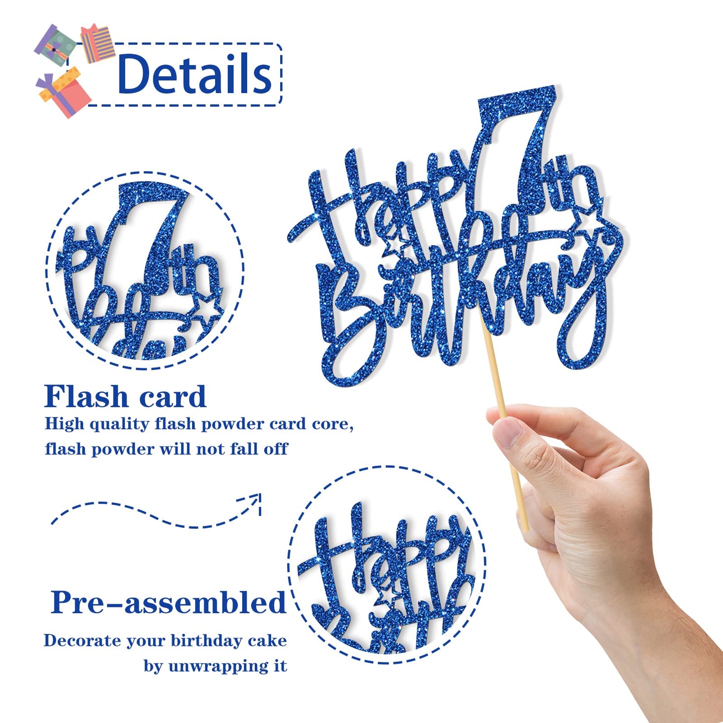 Roadsea Happy 7Th Birthday Cake Topper - Kid Girl Boy Seven Years Old Birthday Cake Supplies - 7Th Birthday Party Decorations -