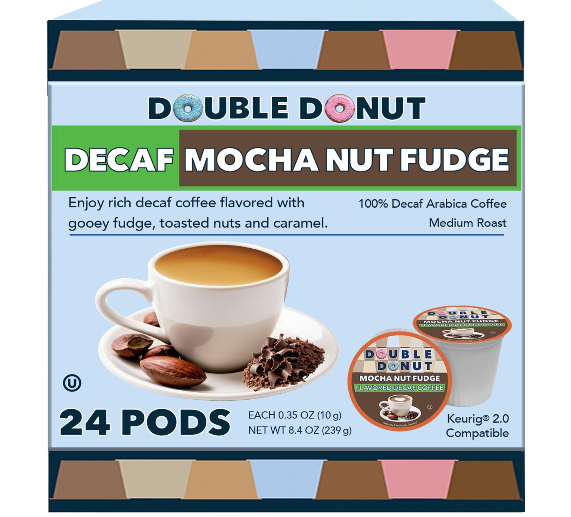 Double Donut Coffee Medium Roast Decaf Coffee Pods, Mocha Nut Fudge, 24 Count, for Keurig K-Cup Machines