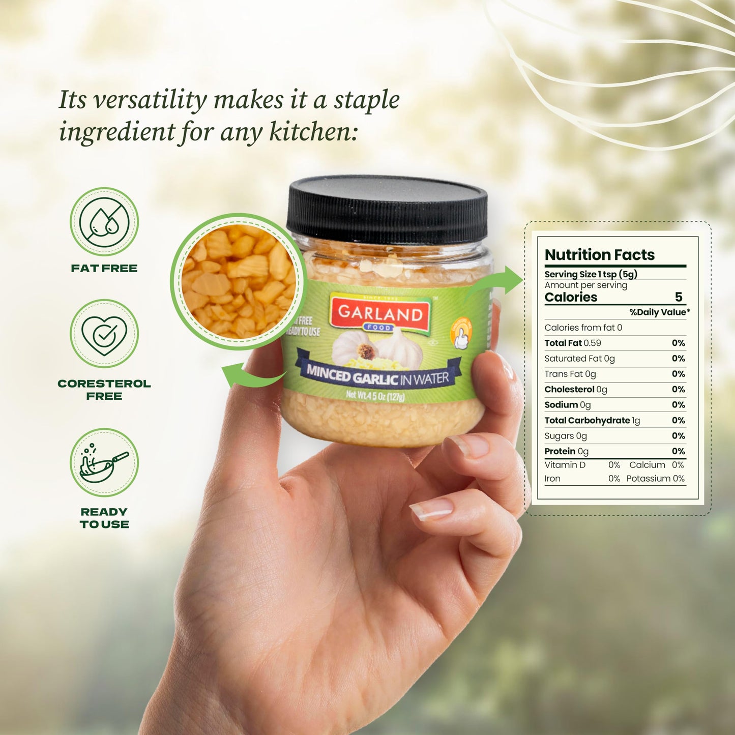 Garland Food Minced Garlic in Water 4.5 oz - Made in the USA - Minced Garlic in Jar for Fresh Flavor, Time-Saving Prep, and Vers