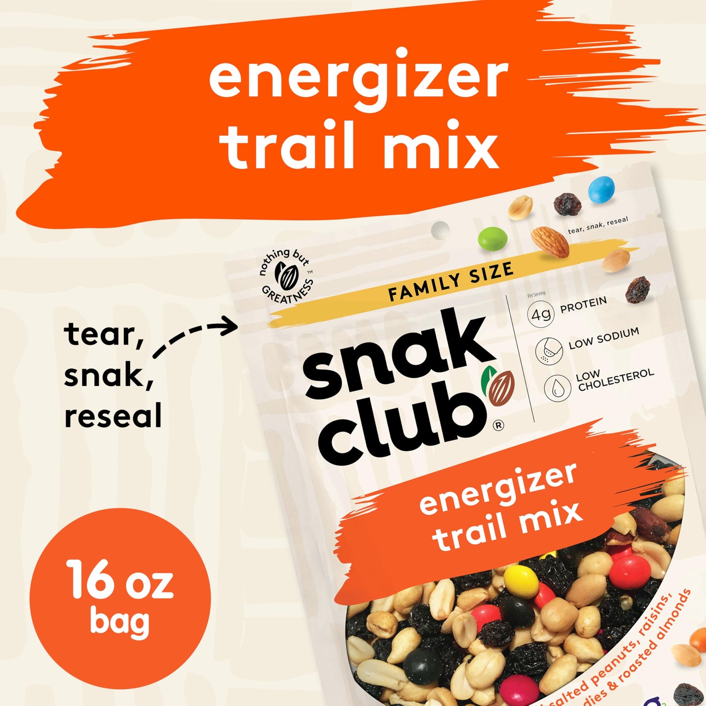 Snak Club Energizer Trail Mix with Roasted Salted Peanuts, Raisins, Chocolatey Candies, Roasted Almonds, Gluten-Free and Kosher
