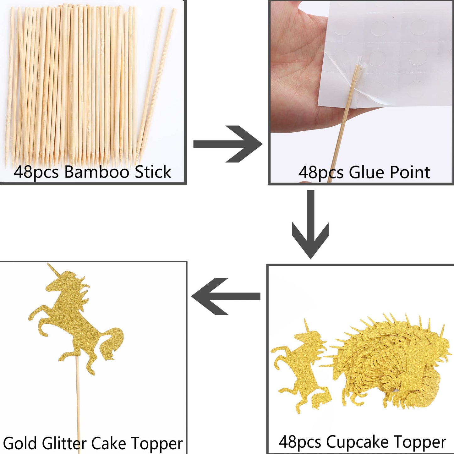 48 Pcs Gold Unicorn Cupcake Toppers - Horse Birthday Party Cupcake Topper, Baby Shower/Girls And Boy Unicorn Themed Birthday Par