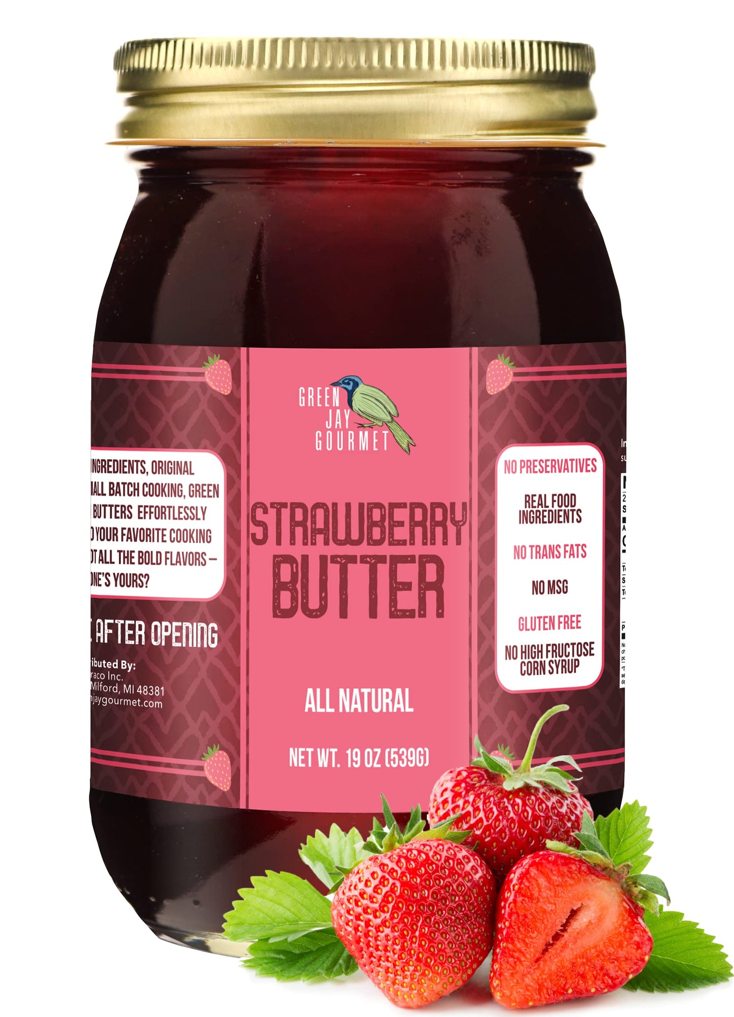 Green Jay Gourmet Strawberry Butter - All-Natural, Gluten-Free Fruit Spread - Strawberry Spread with Fresh Strawberries- Gourmet