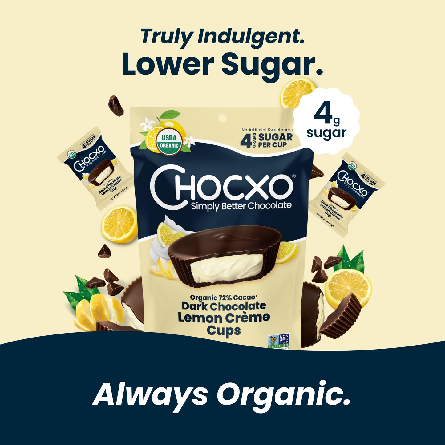 ChocXO Dark Chocolate Lemon Crème Cups - Lower Sugar, Organic, Keto, Gluten Free, 3.45 oz (Pack of 6)