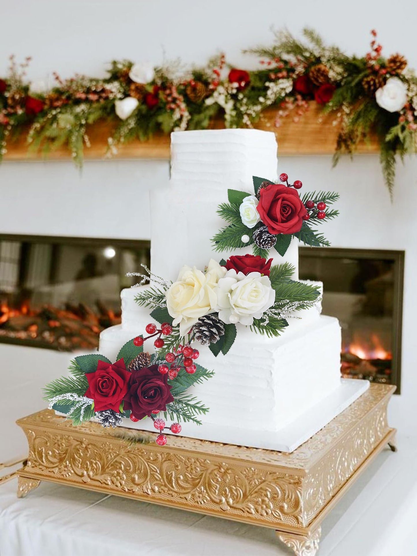 Rinlong 3Pcs Pre-Made Cake Topper Cake Decorating Flowers For Christmas Cake Decor Burgundy Xmas Cake Decorations For Wedding Ba