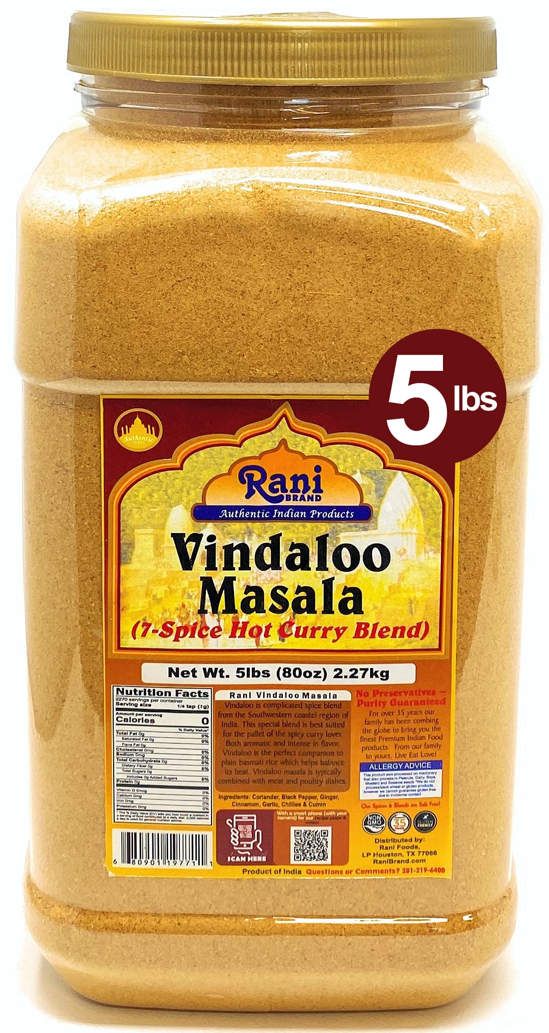 Rani Vindaloo Curry Masala Spice Blend, 80oz (5lbs), All Natural, Salt Free, Vegan, Gluten Friendly, NON-GMO, Indian Origin