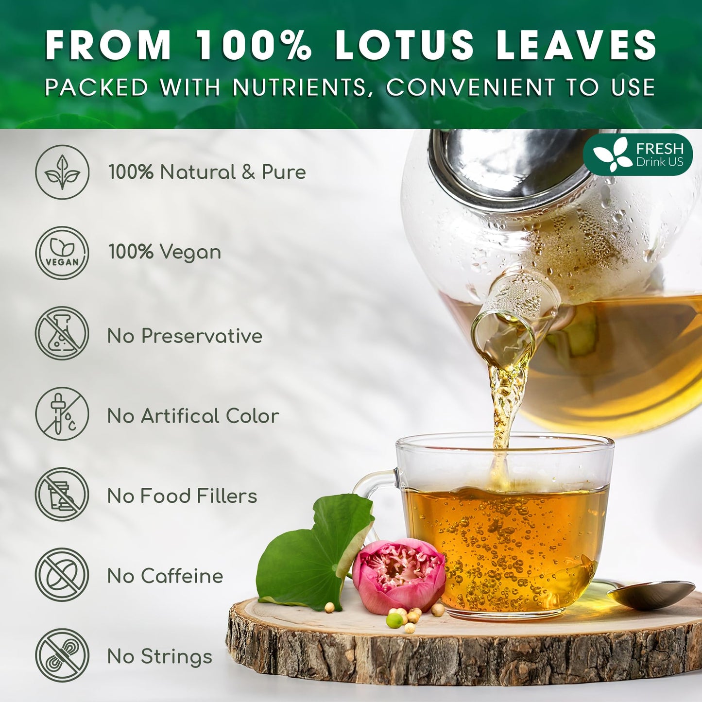 FRESHDRINKUS Lotus Leaf Tea Bags, 100% Natural, 135 Count, Eco-Conscious, No Sugar, No Caffeine, Vegan