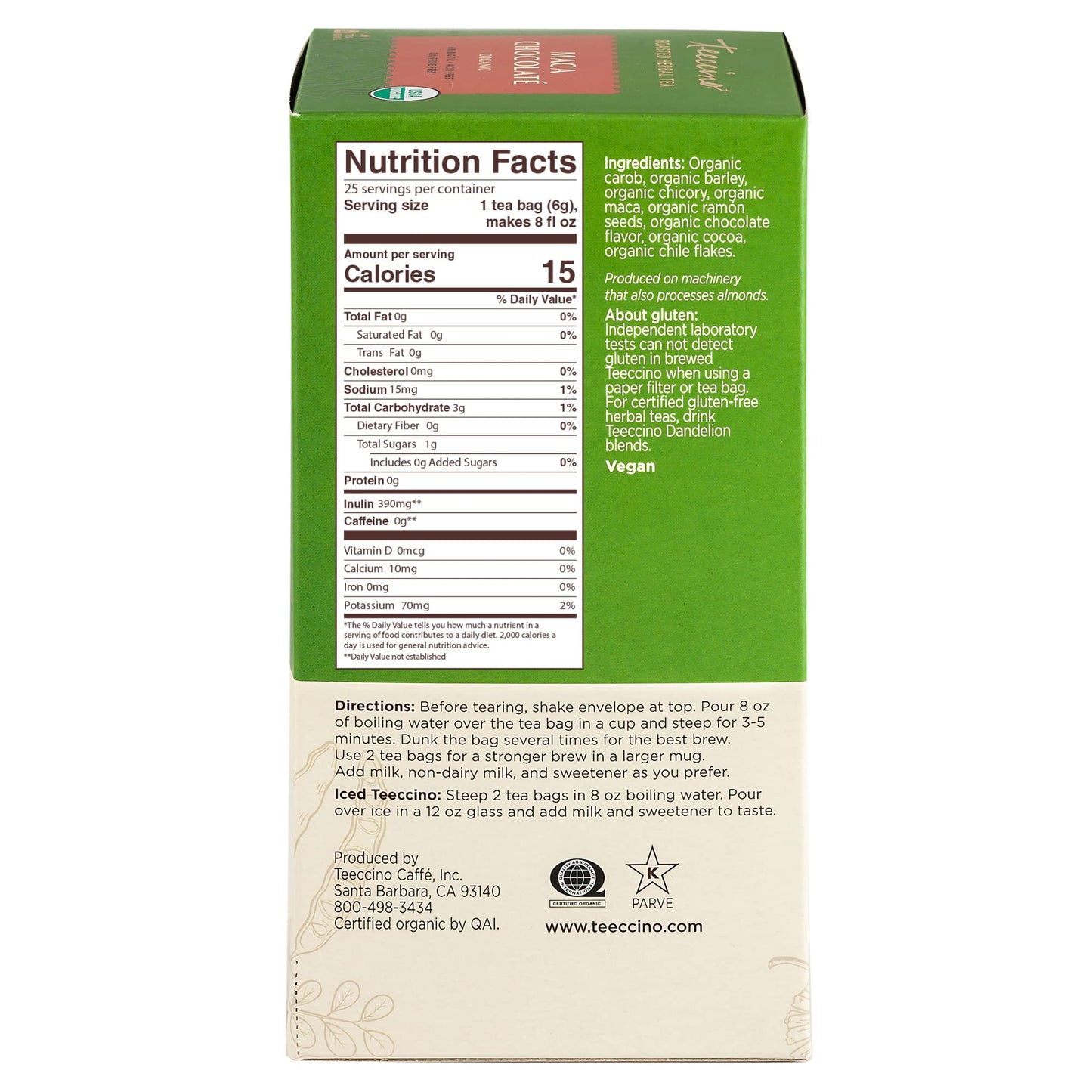 Teeccino Maca Chocolaté Herbal Tea - Caffeine Free, Prebiotic, 25 Tea Bags (Pack of 3)