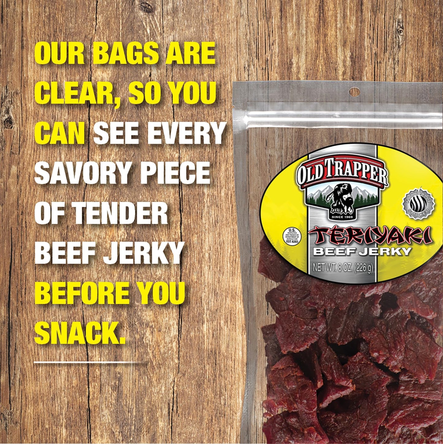 Old Trapper Beef Jerky, Teriyaki, 8 Ounce, 11g Protein, 70 Calories, Tender Meat Snack
