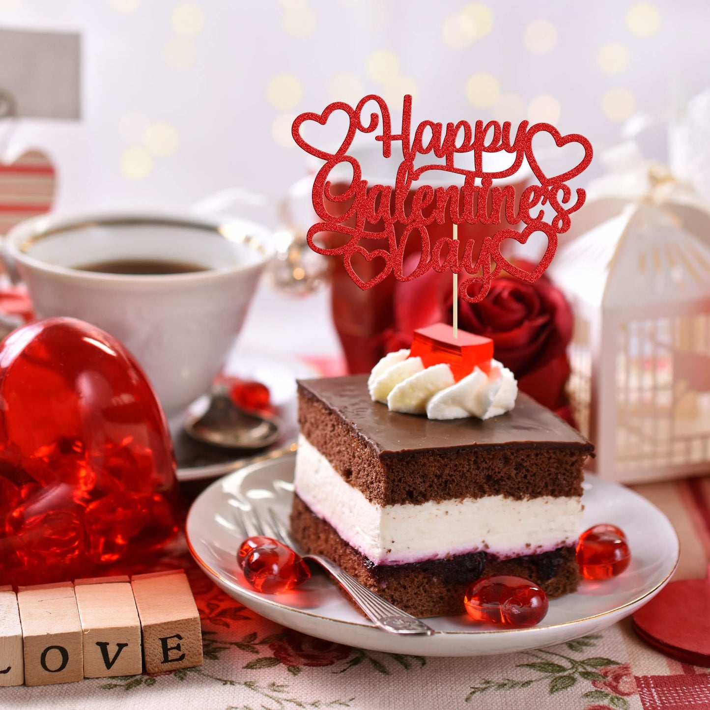 1Pc Happy Valentine'S Day Cake Topper Red Glitter Valentine'S Day Cake Topper Decorations For Valentine'S Day Theme Wedding Enga
