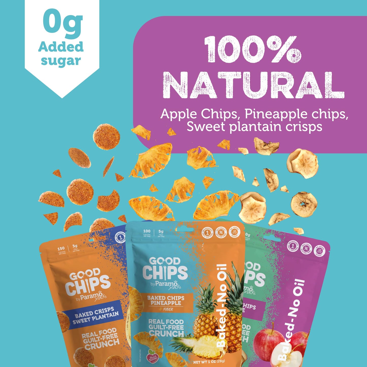 Good Chips Baked Crunchy Apple, Pineapple, Sweet Plantain - Crispy, Oil Free, Healthy, Naturally Sweet Dried Fruit Snacks Variet