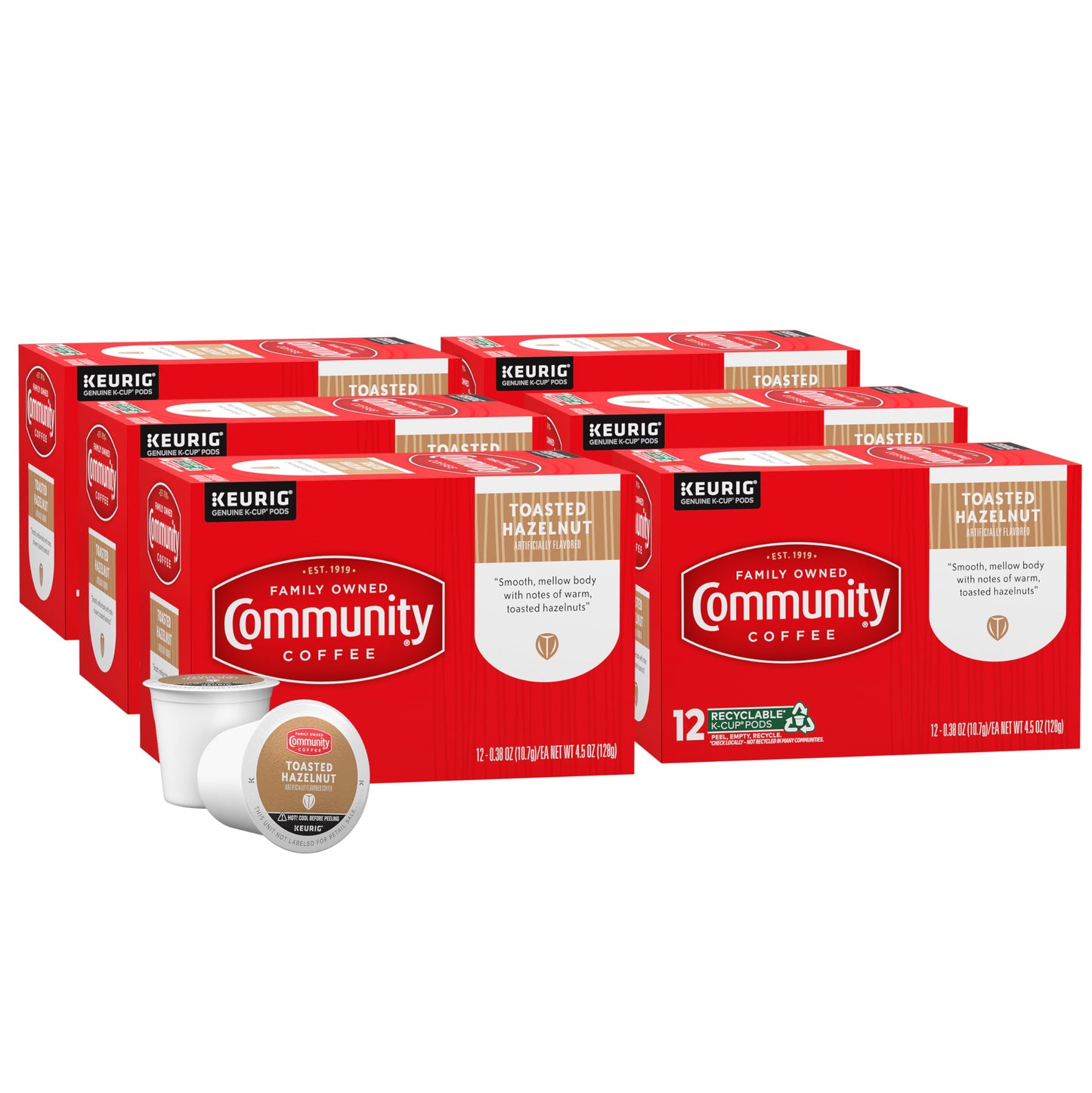 Community Coffee Toasted Hazelnut Flavored Coffee Pods, Medium Roast, 72 Count, Compatible with Keurig 2.0, 12 Count (Pack of 6)