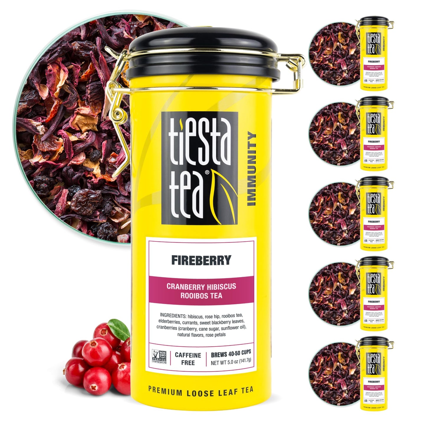 Tiesta Tea Fireberry Cranberry Hibiscus Rooibos Tea - 30 Ounce Refillable Tin, Non-Caffeinated, 50 Cups, Pack of 6
