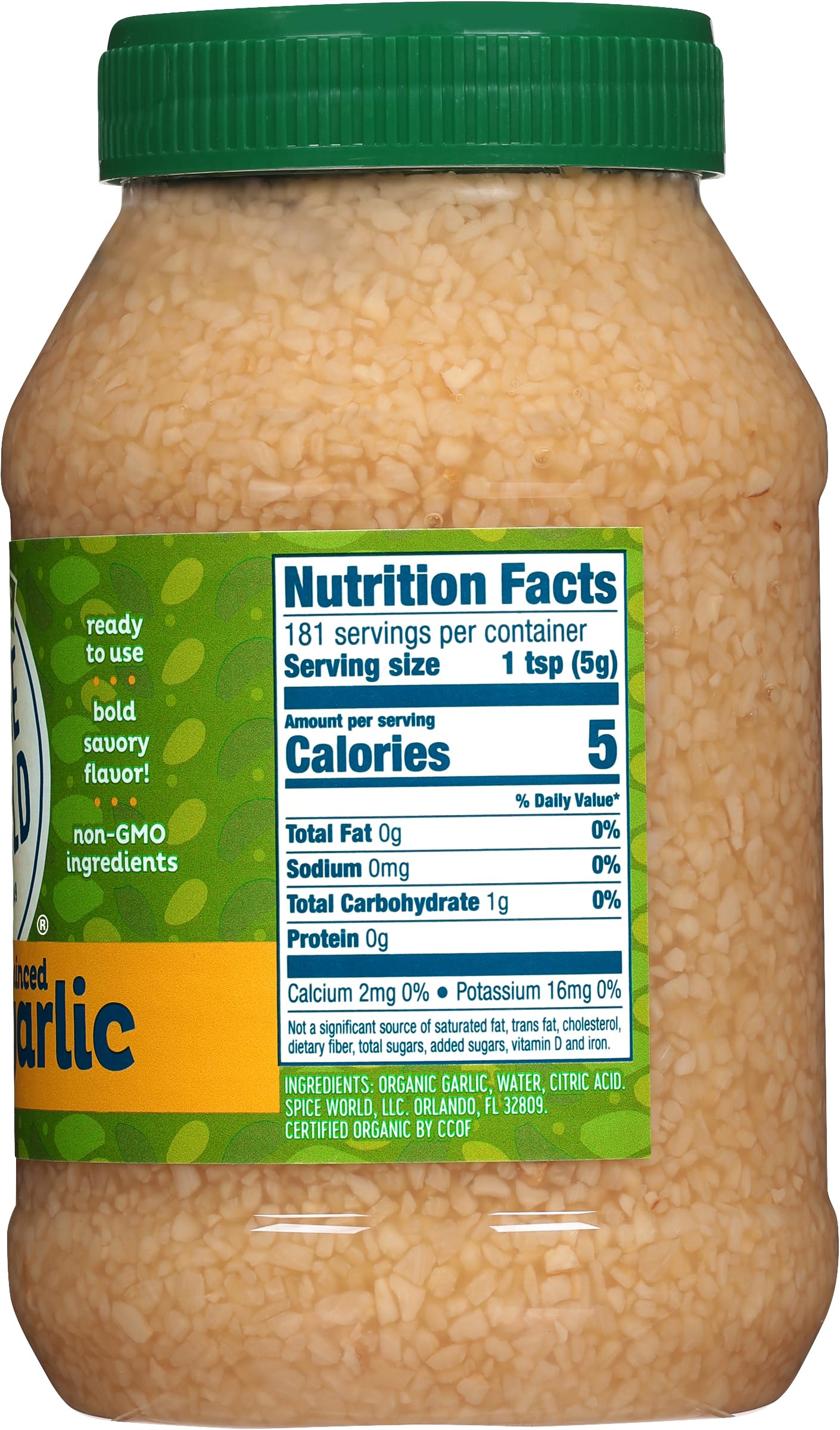 Spice World Organic Minced Garlic - Bulk 32oz Container, USDA Certified Organic with Non-GMO Ingredients - Ready-to-Use Seasonin