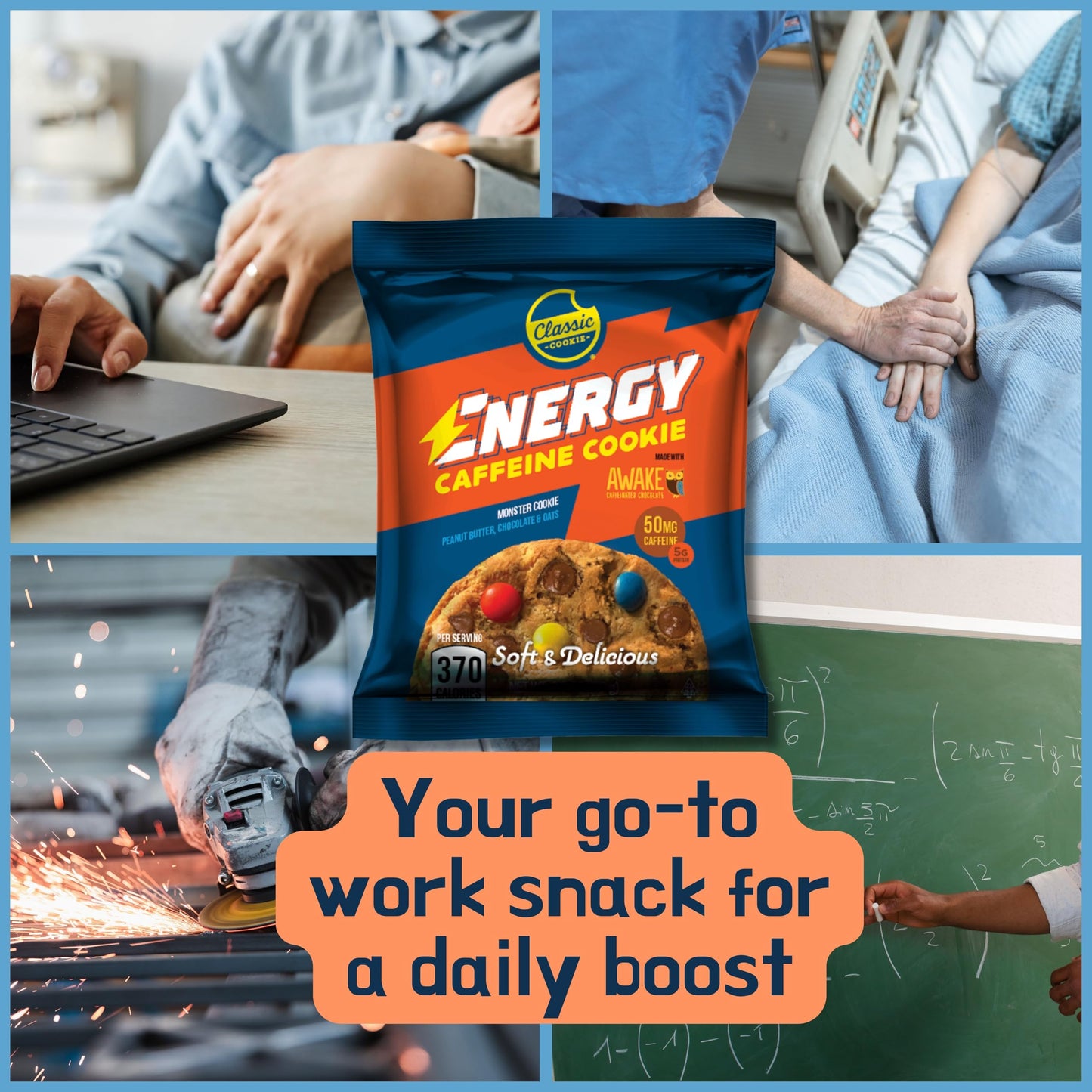 Classic COOKIE Monster Cookie - Energy Caffeine Soft Cookies, 2.8oz, 8 Count, Brown