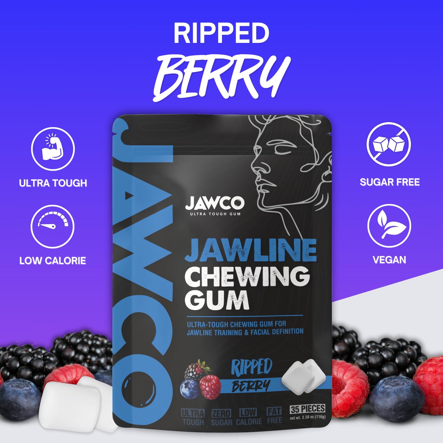 JAWCKO Ultra-Tough Jawline Chewing Gum | Get a Stronger  Squarer Jawline | Ripped Berry Jaw Training Hard Gum | 15X Strength | Chisel  Sculpt  Tone your Jaw | Facial Fitness Mewing Gum | 40 Pieces/Pack