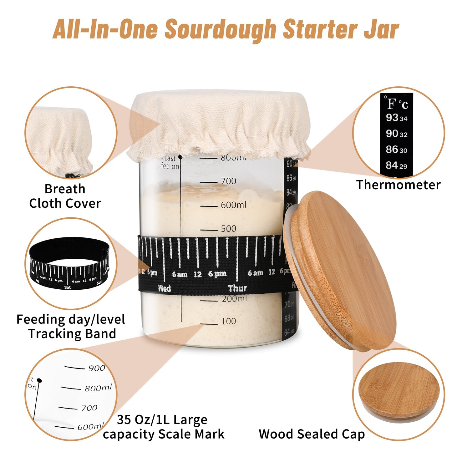 Xileanalee Pro Sourdough Starter Jar Kit 2 Packs-35 Oz Sourdough Bread Starter Jar Kit With Date Marked Feeding Band,Thermometer,Spatula,Cloth Cover& Lid For Sour Dough Bread Loaf (2 Pcs)