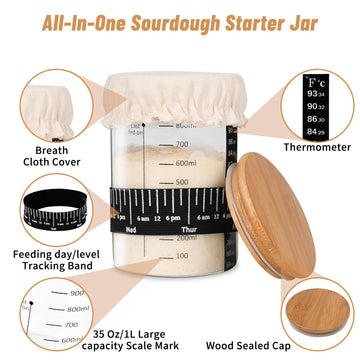 Xileanalee Pro Sourdough Starter Jar Kit 2 Packs-35 Oz Sourdough Bread Starter Jar Kit With Date Marked Feeding Band,Thermometer,Spatula,Cloth Cover& Lid For Sour Dough Bread Loaf (2 Pcs)