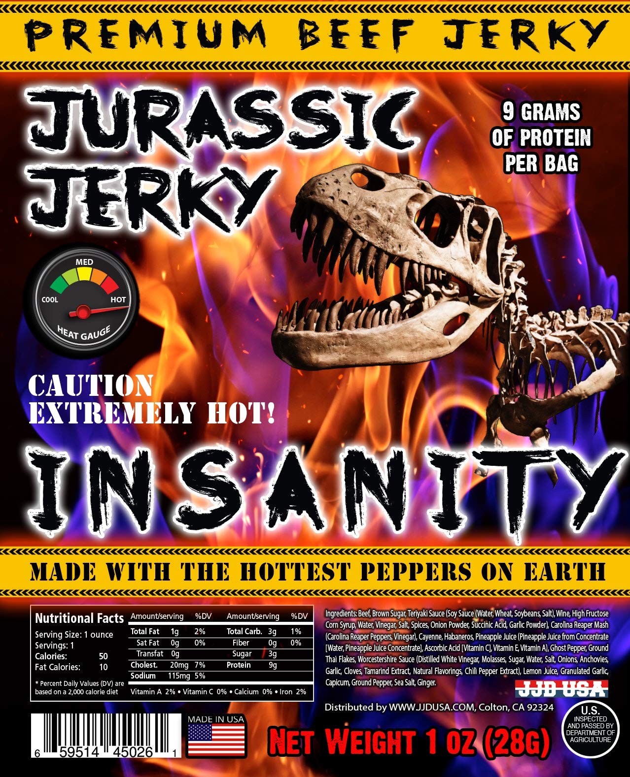 JJD USA Jurassic Jerky Insanity Beef Jerky - Ghost, Habanero & Carolina Reaper Peppers - 1 oz Bag