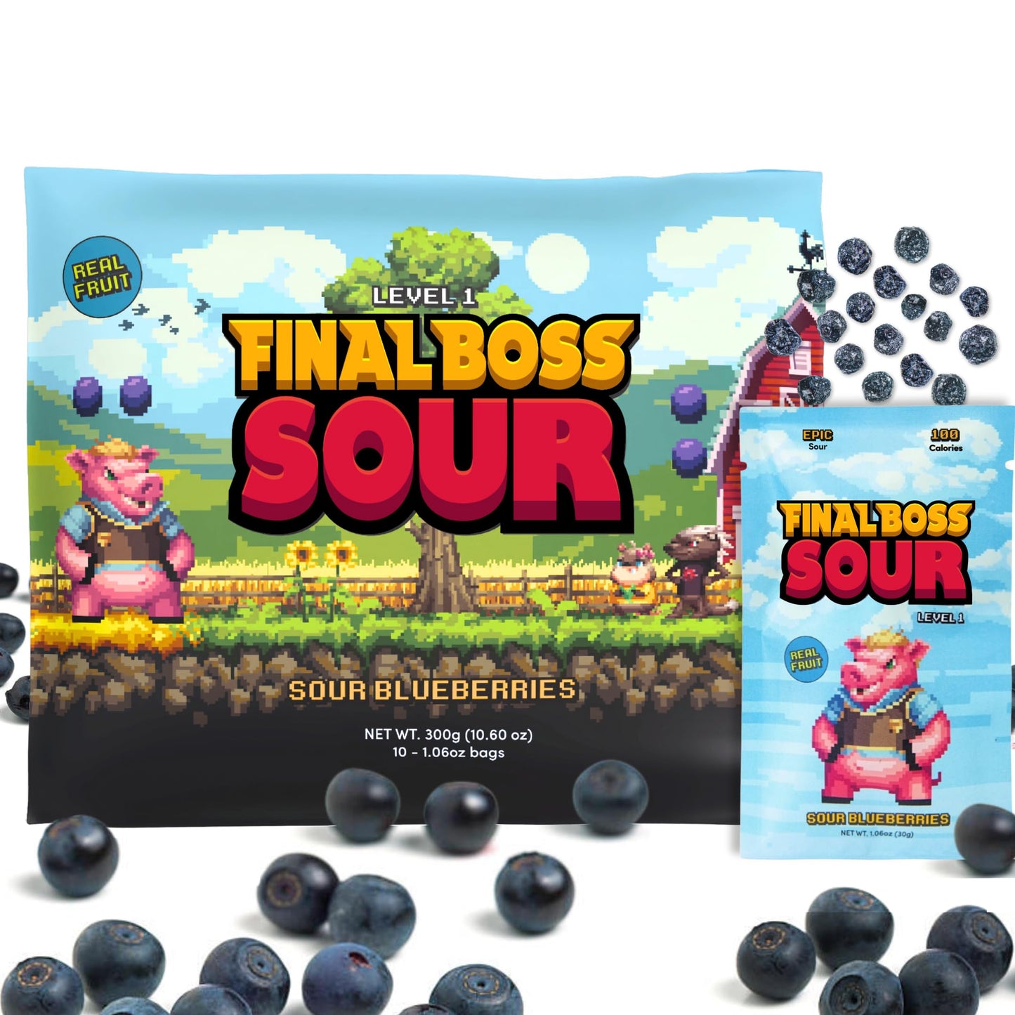 FINAL BOSS Extremely Super Sour Candy - Chewy Blueberry Gummies, Low Calorie Snack, 1.06 Ounce Bags, Pack of 10