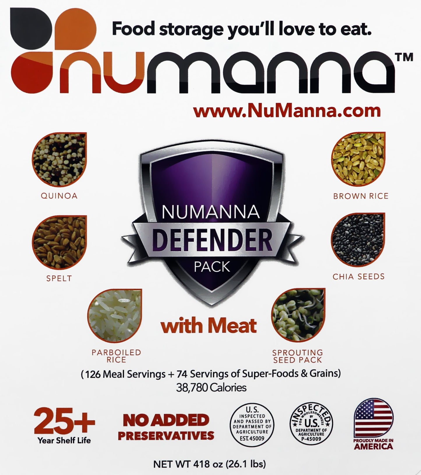NuManna Defender Pack - 200 Servings Emergency Survival Food Kit, Organic Grains, Super Foods, 25+ Year Shelf Life, GMO-Free