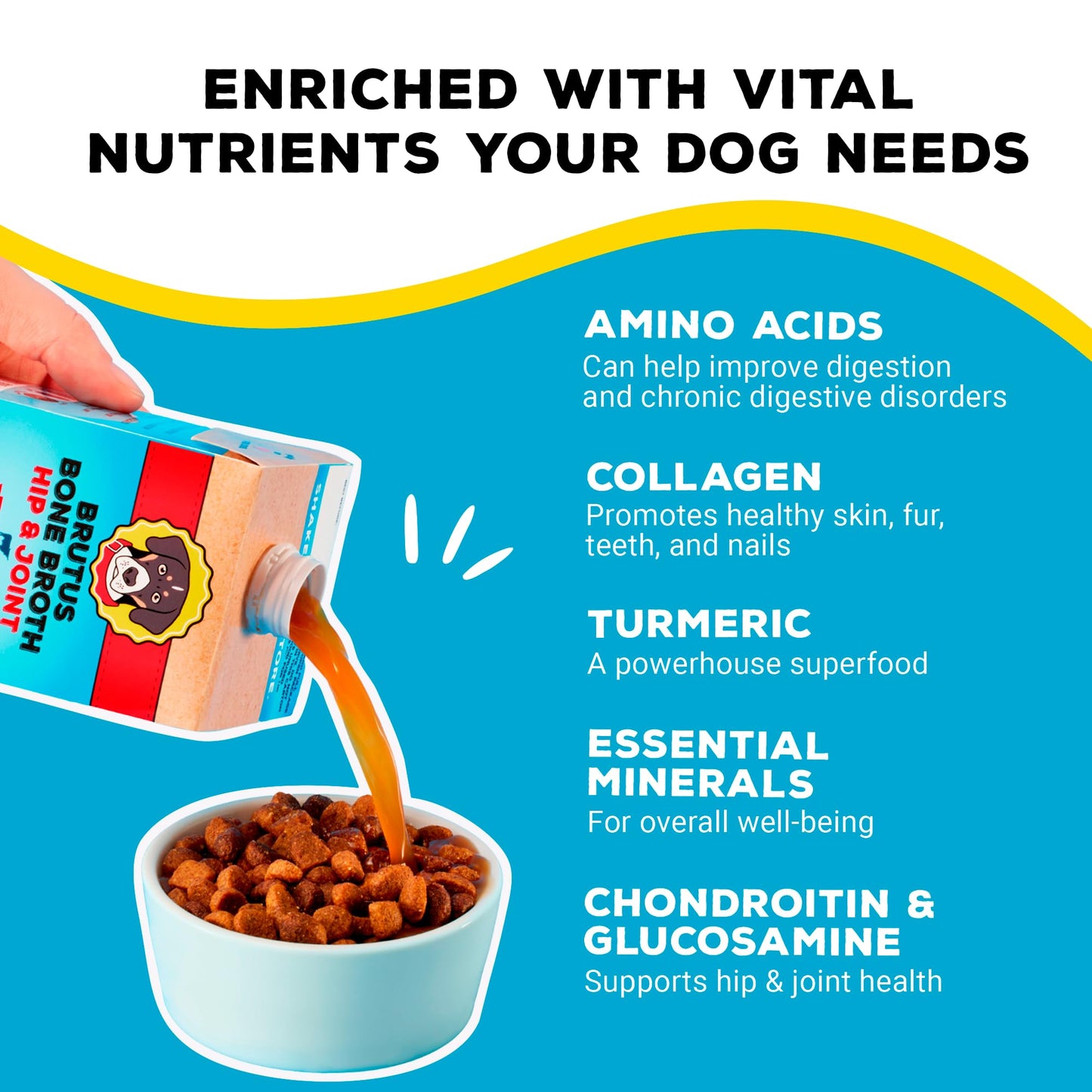 Brutus Bone Broth Dog Food Toppers - All Natural Bone Broth with Chondroitin & Turmeric, 16.9oz (Pack of 6)